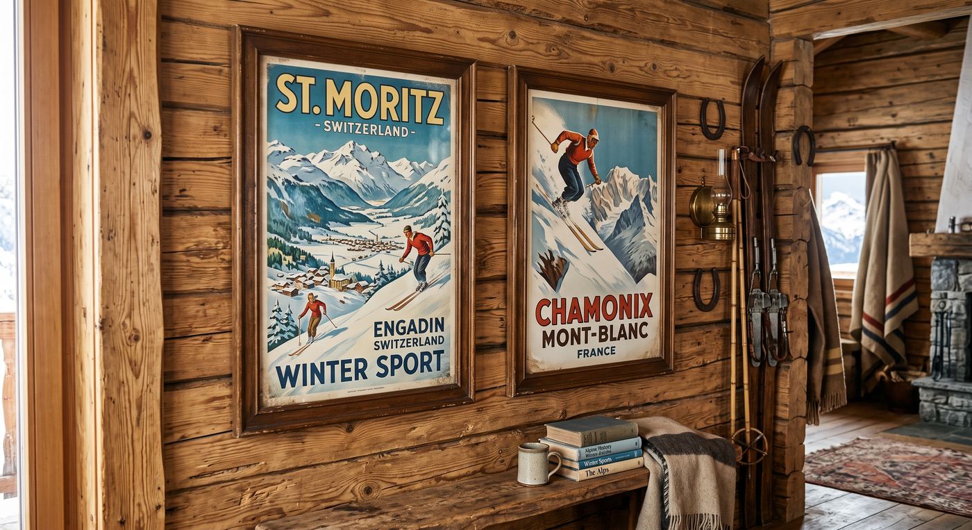 Vintage St. Moritz and Chamonix ski resort posters framed on a log wall
