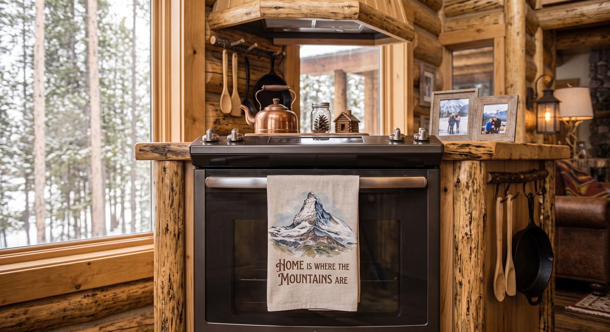 Kitchen stove with a mountain-print tea towel reading Home Is Where the Mountains Are