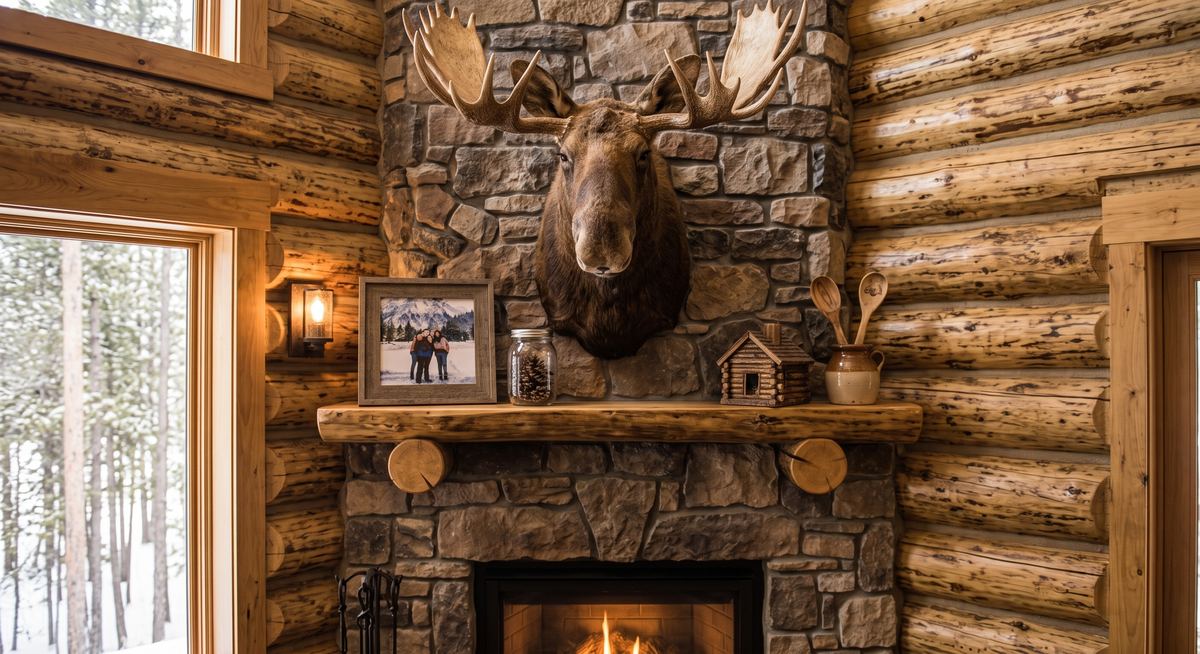 Taxidermy moose head mounted above a stone fireplace mantle