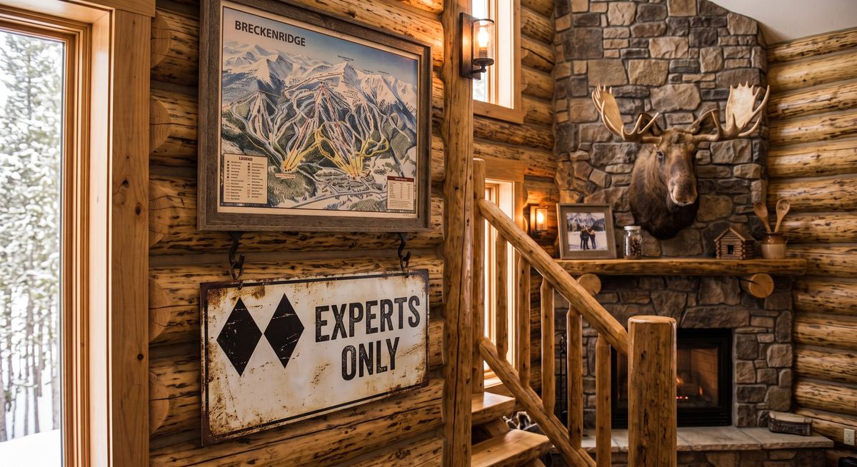 Framed Breckenridge ski trail map next to a hand-painted Experts Only sign