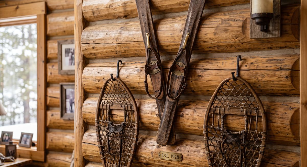 Vintage wooden skis and snowshoes mounted on a log wall